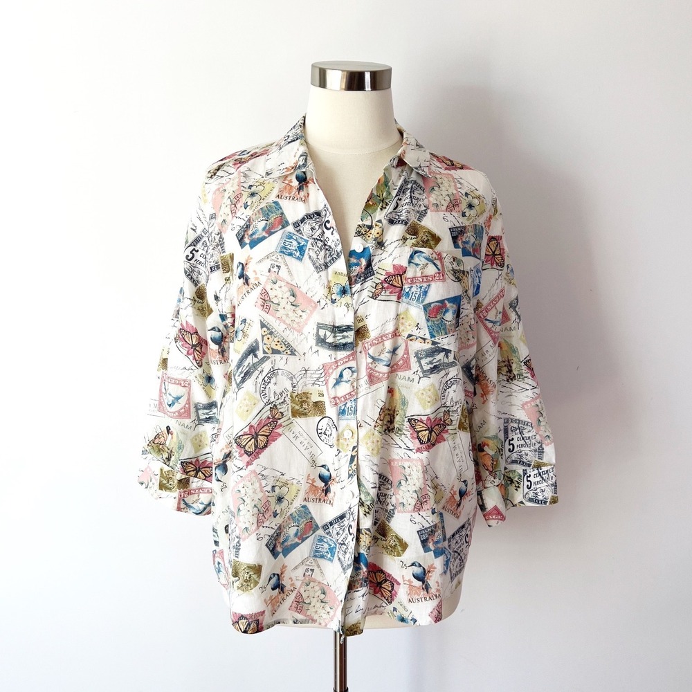 Chico's Linen Button Down Shirt White Postage Stamp Bird Butterfly Print Size 4